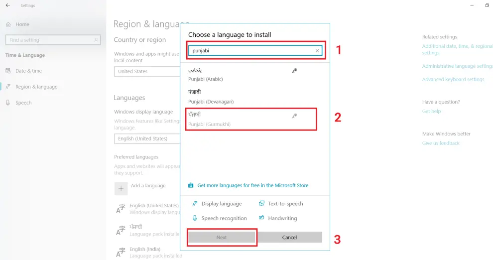 Add Punjabi language pack windows 10