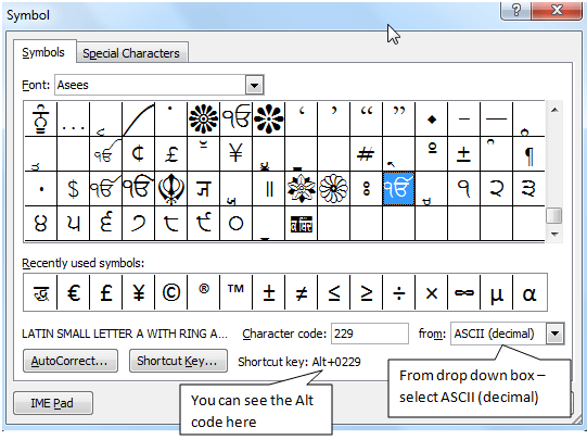 asees font chart